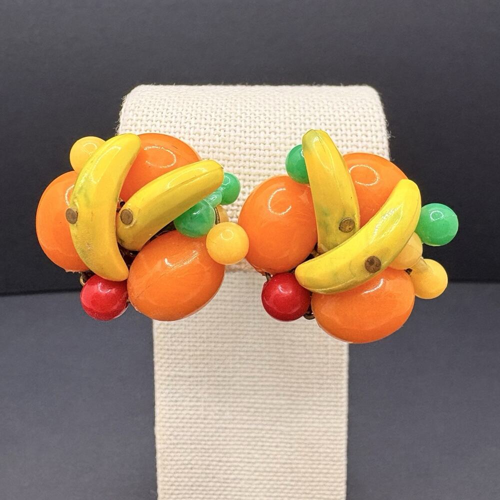 Vintage West‎ Germany Clip On Earrings Lemon Apple Banana Orange Fruit Salad 1"